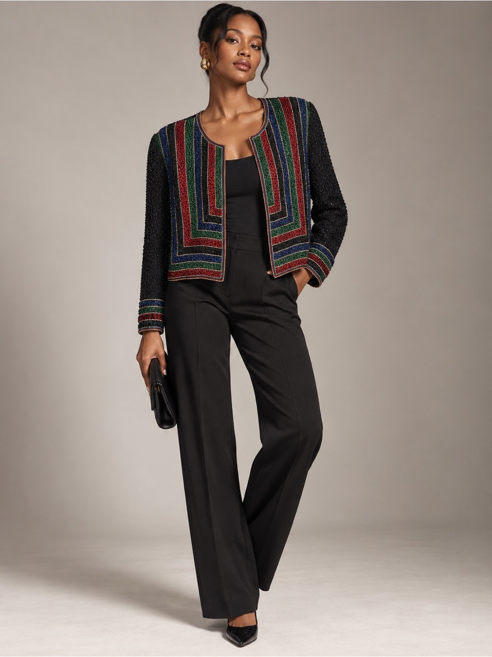 Vintage 90s Adrianna Papell Evening Black Silk Beaded Jacket XL Jewel Tone